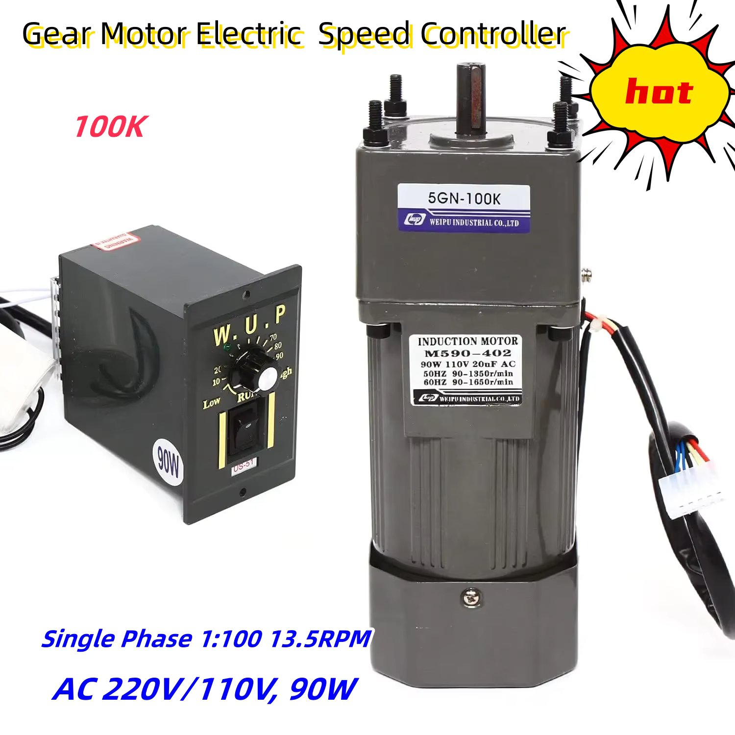 Gear Motor Electric  Speed Controller Asynchronous  AC 220V/110V, 90W with Regulator Single Phase 1:100 13.5RPM