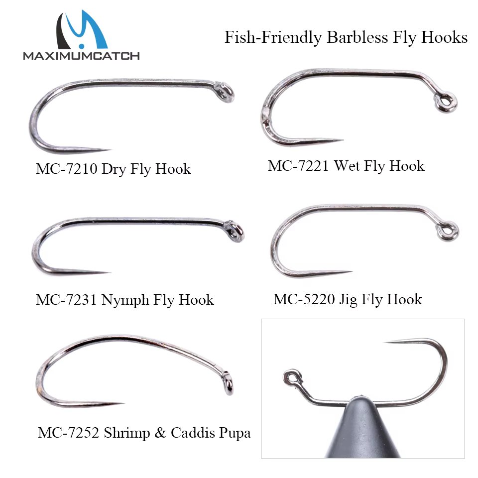 Maximumcatch 100pcs 6/8/10/12/14/16/18 Fish-Friendly Barbless Fly Tying Hook+ Dry Wet Nymph Shrimp Caddis Pupa Jig Fishing Hooks