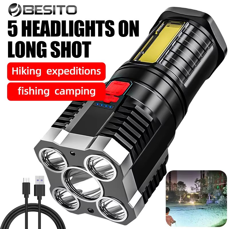 5LED High Power Led Flashlights Rechargeable Camping Spotlight with Side Light 3 Lighting Modes for Camping Adventure Outdoor