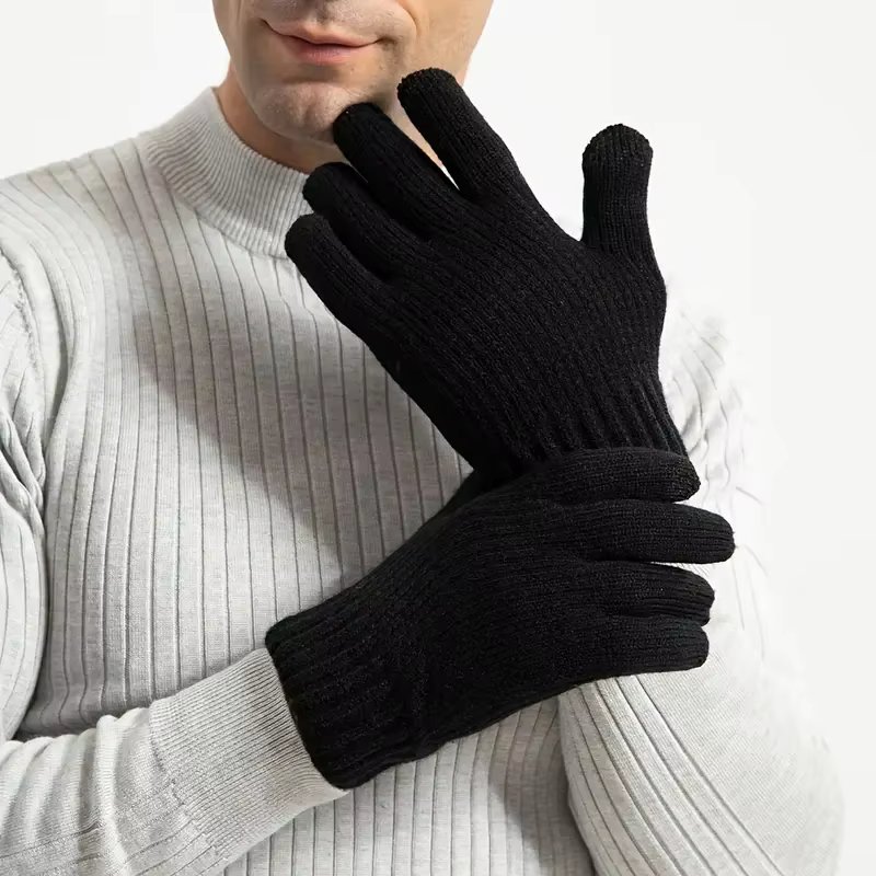 1pair Men Black Winter Double Layer Plus Velvet Thickened Knitted Gloves, Outdoor Touch Screen Warm Full Finger Gloves
