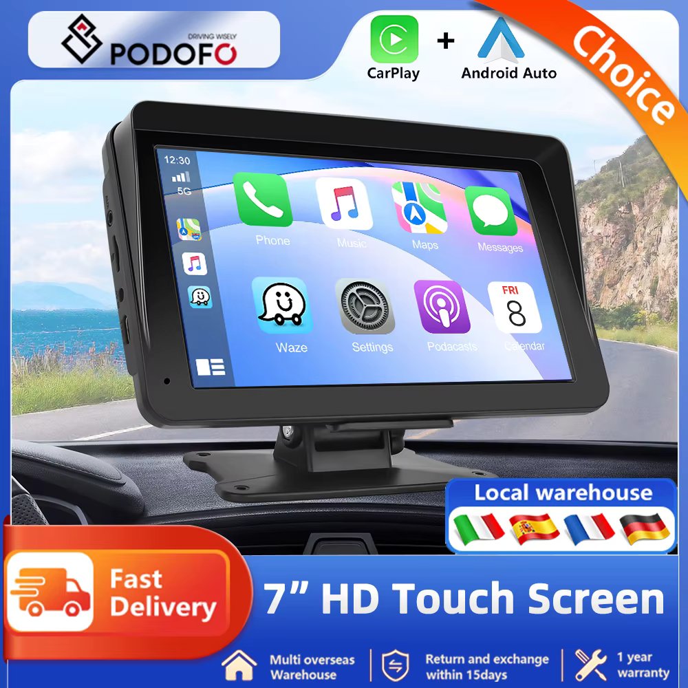 Podofo 7'' Touch Screen Car Monitor Carplay Android Auto Car Radio Dashboard Voice Control Wireless BT MP5 Portable Smart Player