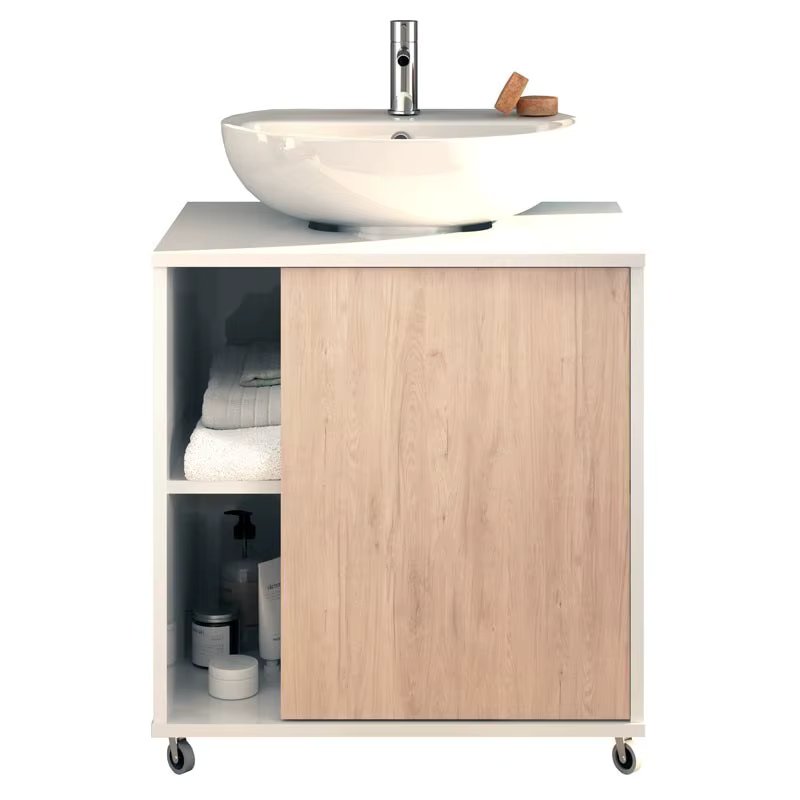 Bathroom Sink furniture Pedestal Saina sink foot white glitter and Oak 1 door 59x45