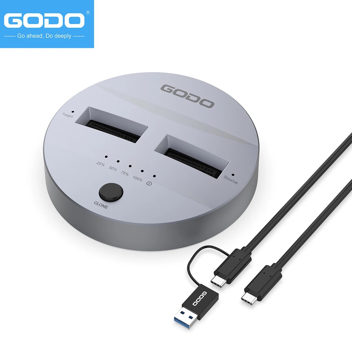 GODO NVMe/SATA M.2 Duplicator Dual-Bay Offline Clone USB C to NVME/SATA Docking Station for M2 SSD M Key and B+M Key Hard Drives