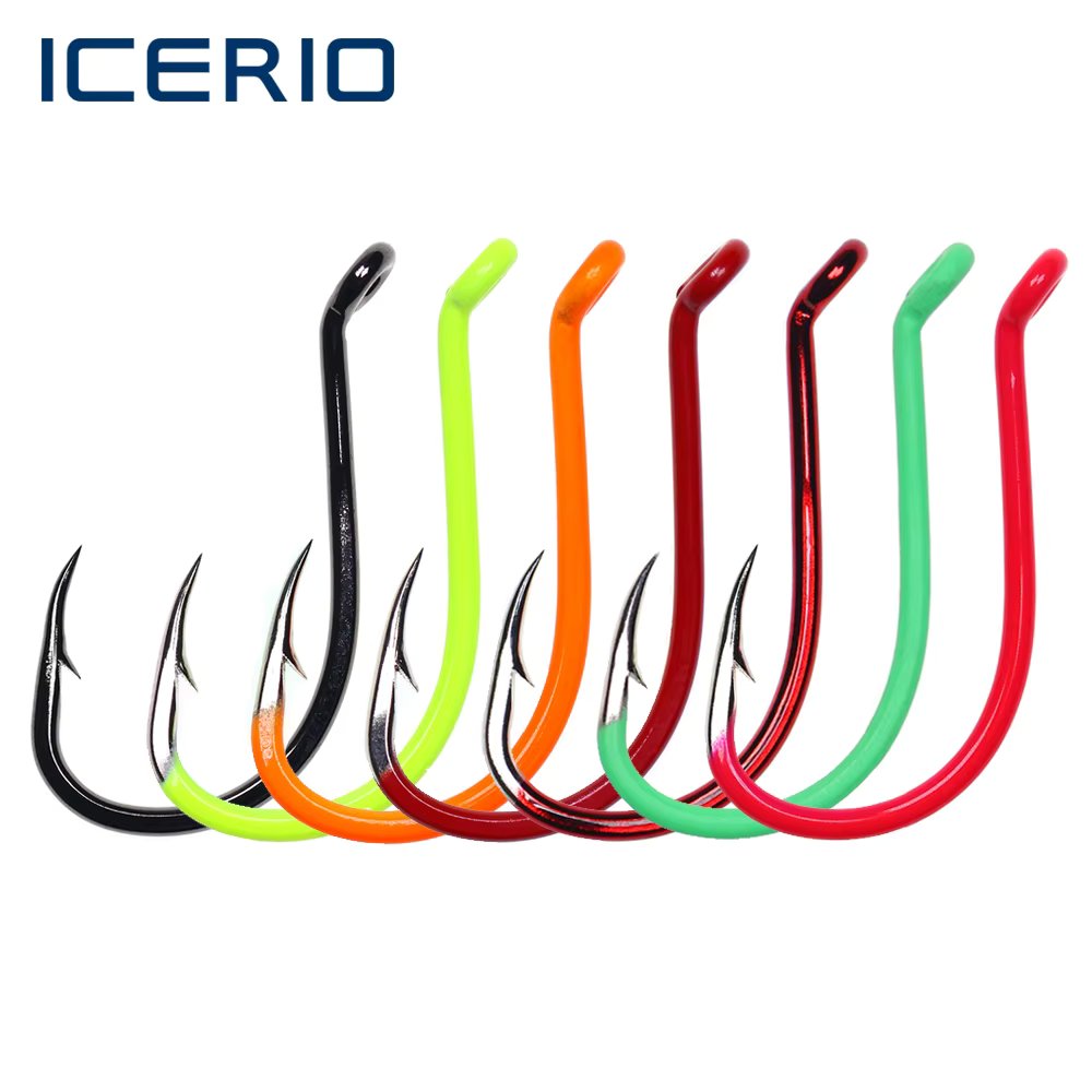 ICERIO High Carbon Steel Saltwater Fishhook Luminous Green UV Fluo Offset Point Octopus Fishing Hooks Size #10~#10/0