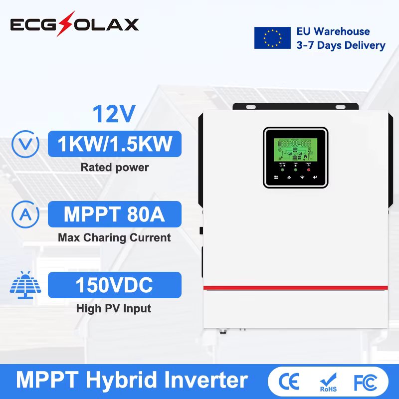 ECGSOLAX 1KW Hybrid Solar Inverter 12V 220V Pure Sine Wave Hybrid inverter 1000W With MPPT 80A Charging Controller Max PV 150VDC