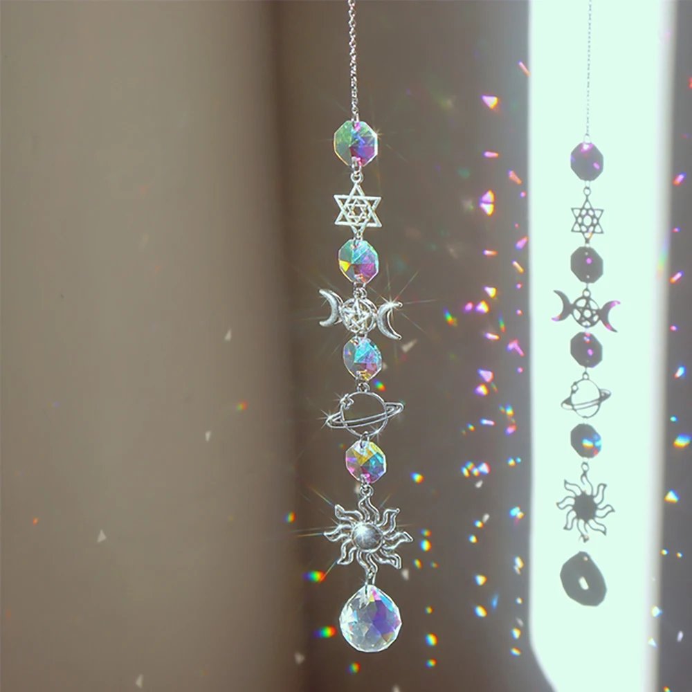 1pc Crystal Wind Chime Moon Sun Catcher Diamond Prisms Pendant Dream Catcher Rainbow Hanging Drop Home Garden Decor Windchime