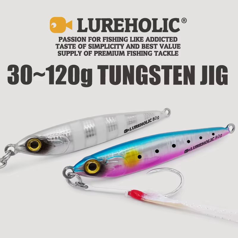 Lureholic 30g ~ 120g Tungsten Jig Slow Falling Hard Bait Fast Sinking Long Casting Metal Jig for Lure Fishig with Hooks
