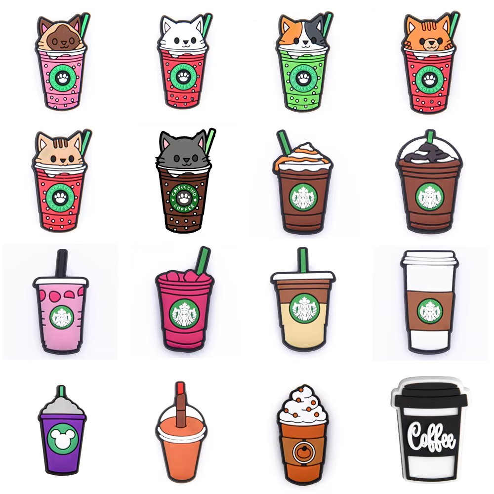 1pc Cute Cartoon Cat Coffee Cup PVC Shoe Charms Buckle Clogs Accessories for Girls Sandals Decoration Kids Gift