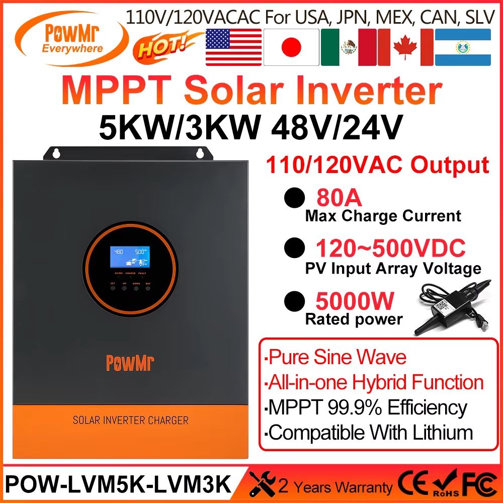 PowMr 5000W 48V 110/120VAC Output MPPT Hybrid Solar Inverter PV 500VDC With MPPT 80A Charger Controller Support Lithium Battery