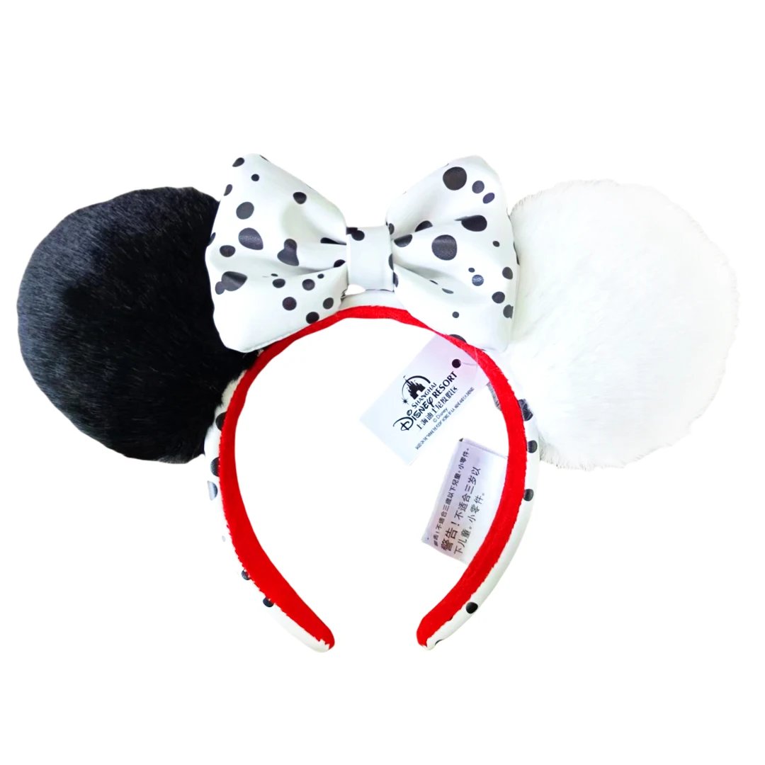 Disney Lilo& Stitch Mickey Mouse Headband Cartoon Embroidered Bow Stitch Metal Badge Shanghai Disneyland PU Leather Ear Headwear