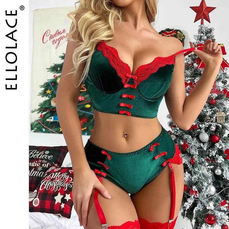 Ellolace Christmas Lingerie Velvet Female Underwear Bowknot Lace Patchwork Intimate Luxury Festival Sexy Set Women 2 Piece