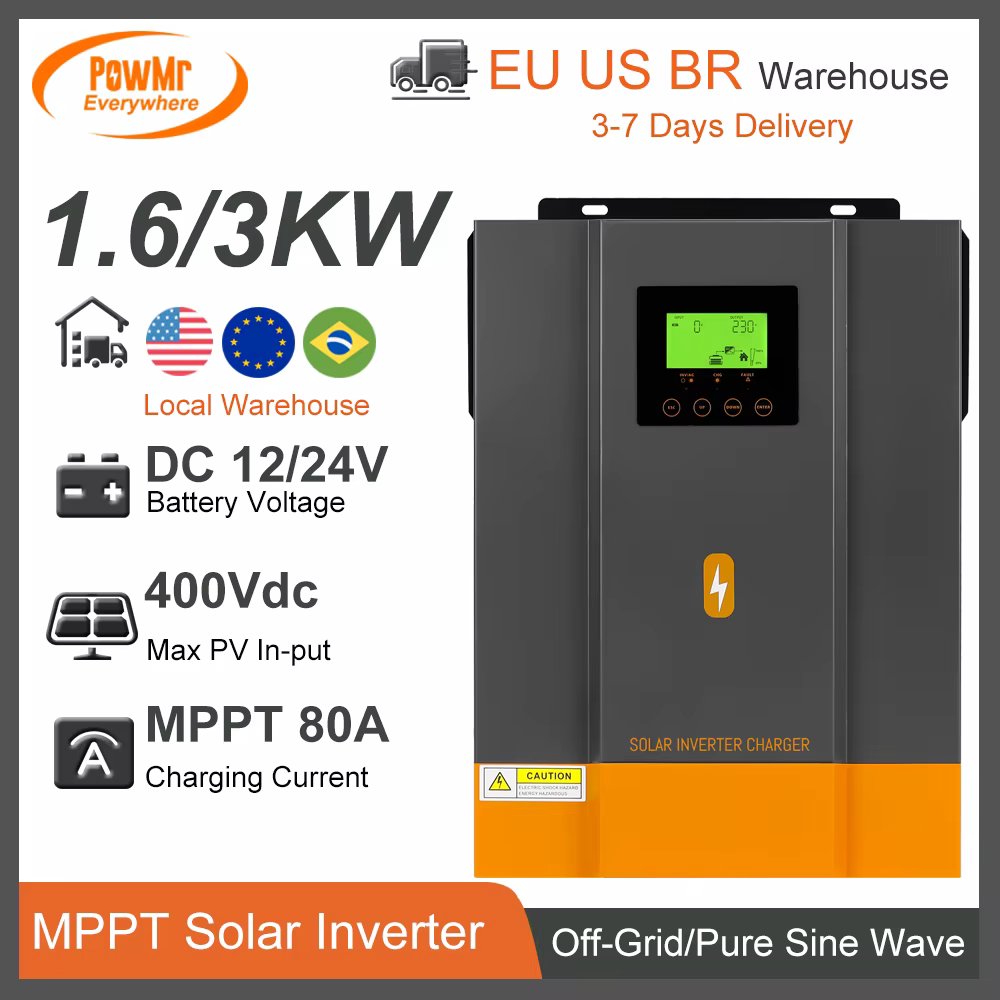 PowMr Off-Grid Inverter 3KW 1.6KW 12V 24V AC 230V Built MPPT 80A Solar Charge Pure Sine Wave Max PV 400V Home Use Power Inversor