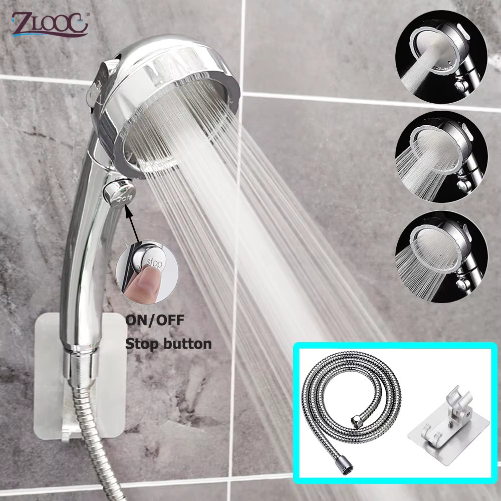 Zloog 3 Modes Adjustable Silver Black Shower Head High Pressure Handheld Showers Pressurized Bathroom Showerhead Set with Hose