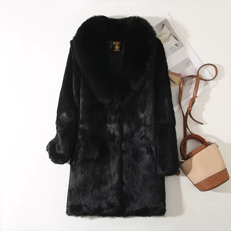 New 100% Real Natural  Whole Rabbit Fur Coat With Luxury Natural Fox Fur Collar Jacket Full Pelt Rabbit Fur Overcoat