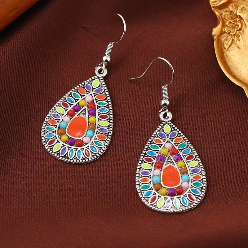 Bohemian Wtaer Drop Earrings Ethnic Vintage Multicolor Enamel Drop Oil Inlay Rhinestone Beads Dangle Earring Female Jewelry Gift