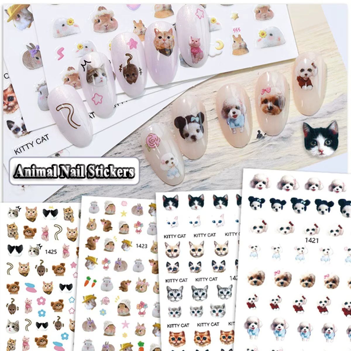 Cute Pet Nail Art Sticker Cartoon Animals Little Rabbit Dog Cat Design Nail Decoration Decals