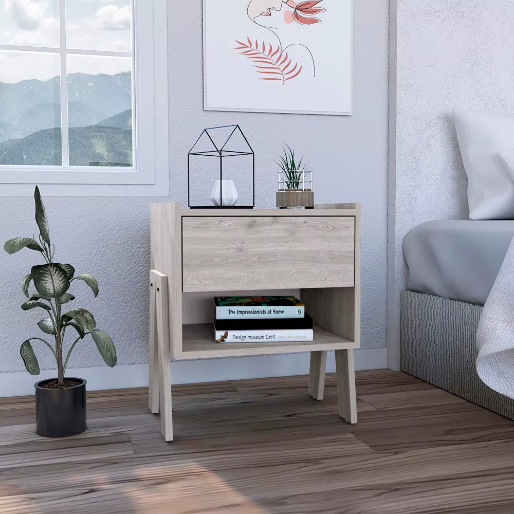 Bedroom Nightstand , End Table, Side Table Four Legs, One Open Shelf, One Drawer  -Light Gray