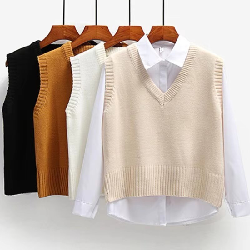 Fashion Winter Knitted Sweater Women Casual V-Neck Pullover Vest All-match Sleeveless Female Clothing Loose Tops Jumper 22783