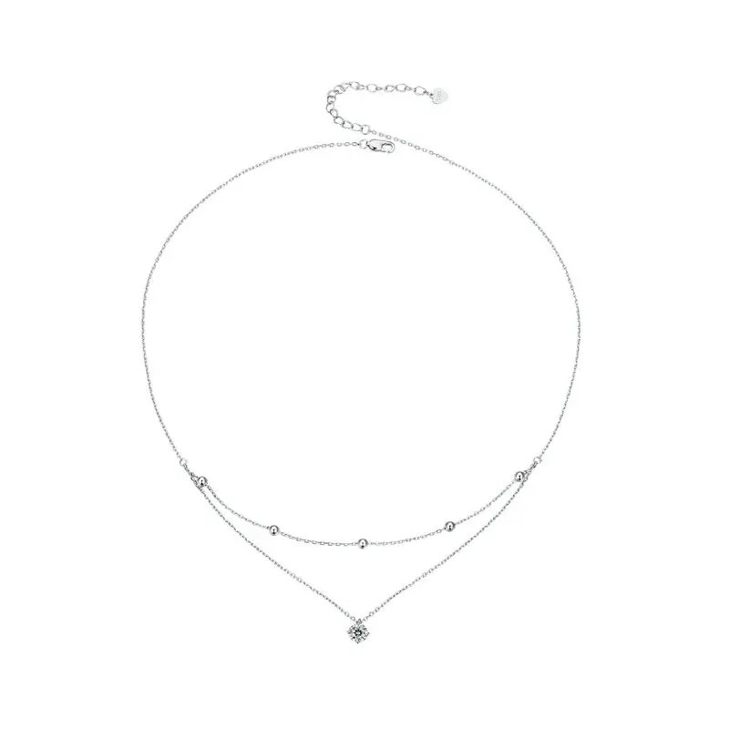 BAMOER Moissanite Layered Pendant Necklace, 925 Sterling Silver Round Multilayer Stylish Dainty Choker Necklace 17.7 inches