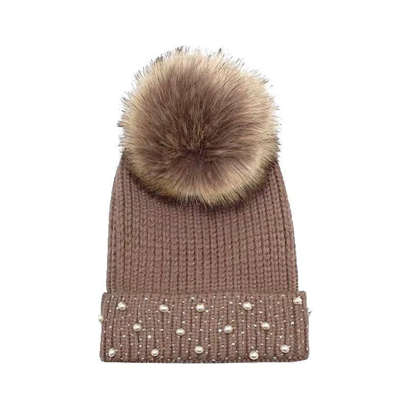 Luxurious Knit Beanie with Fur Pom-Pom and Pearl Embellishments