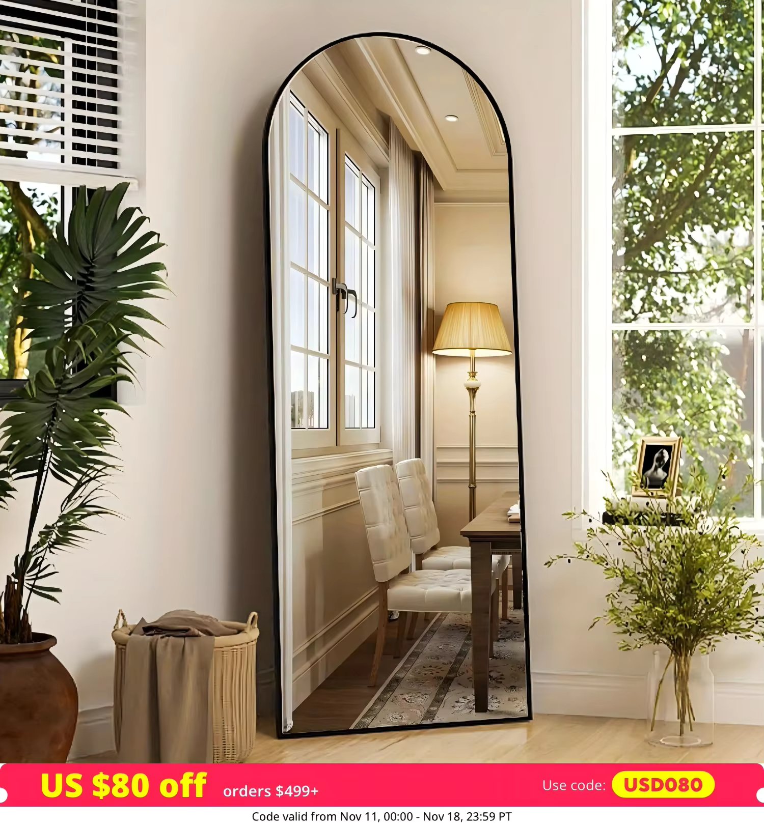 Arched Full Length Mirror Full Body Mirror, 64" x 21" Arch Floor Mirror with Stand, Wall Mirror Hanging or Leaning Arched-Top