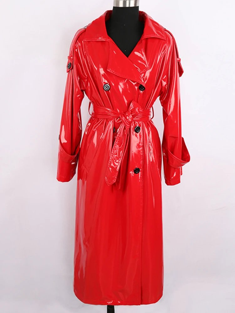 Nerazzurri Autumn Long Red Waterproof Shiny Reflective Patent Leather Trench Coat for Women Double Breasted Plus Size Fashion