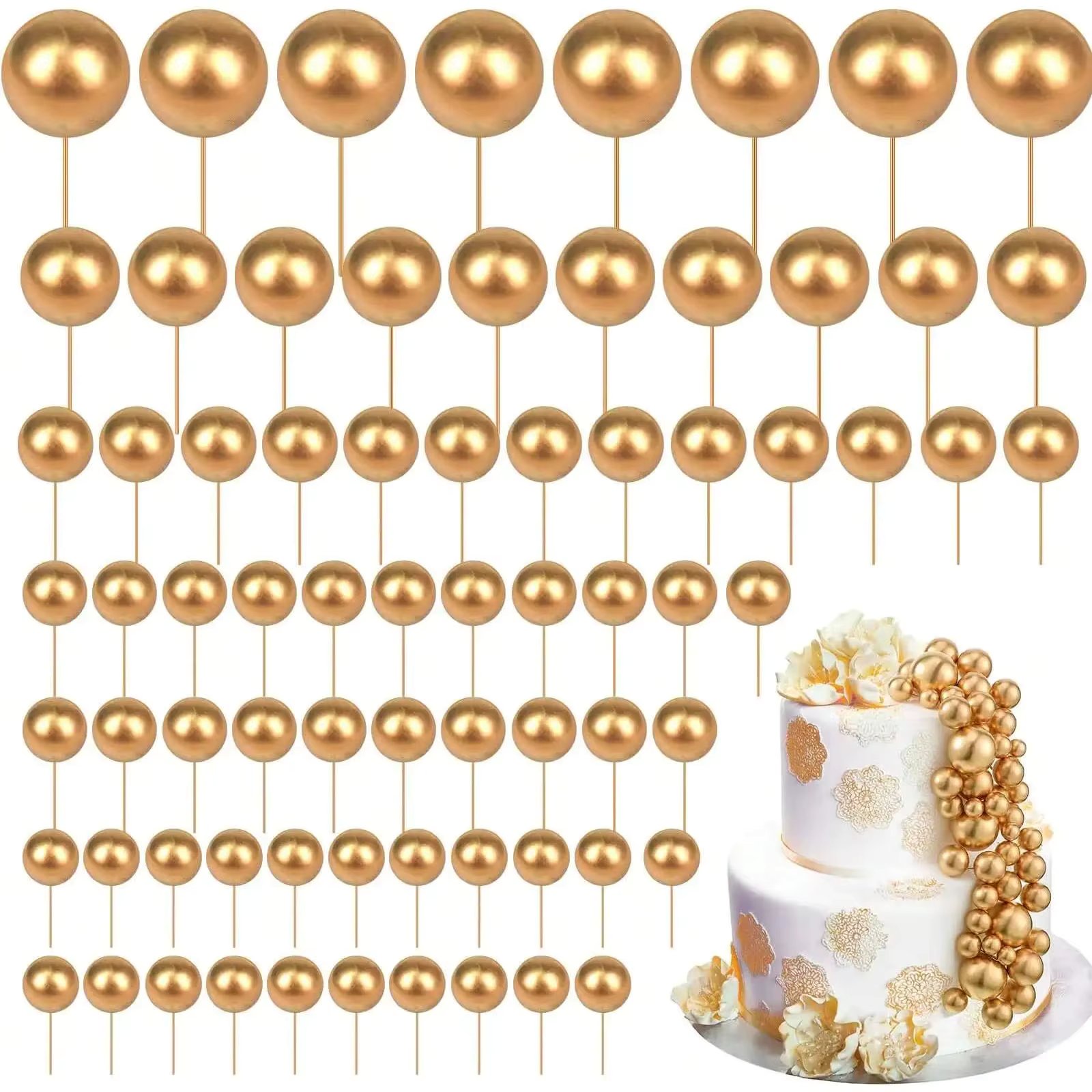 68pcs/set gold ball mini balloon cake hats foam decorated spherical cake insert hats for birthday parties and holiday decoration