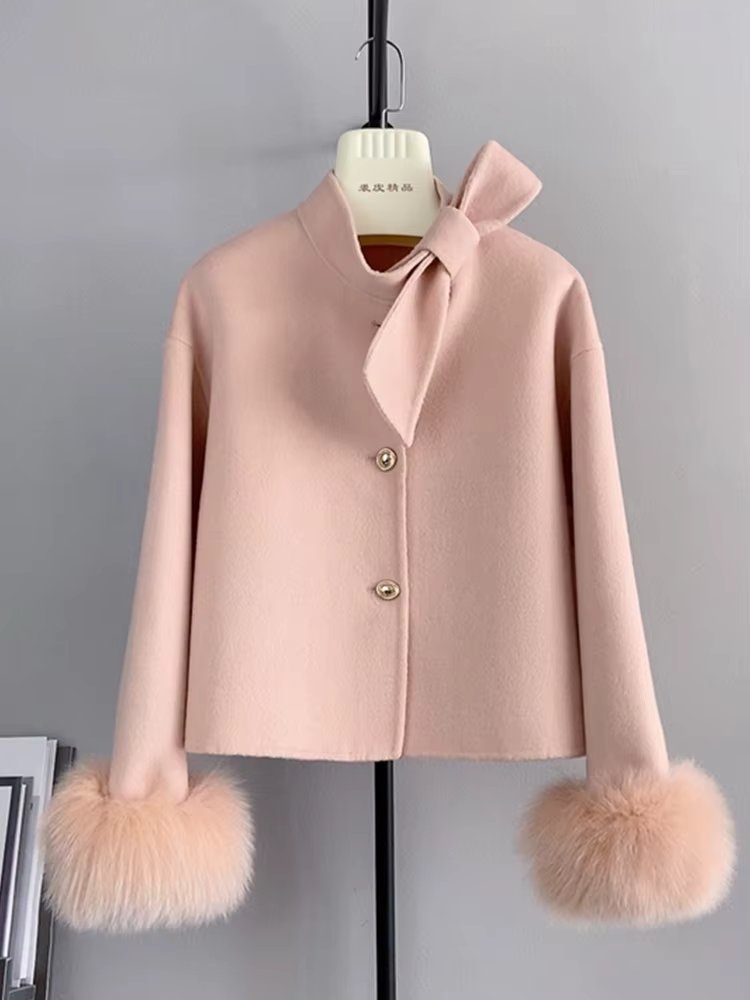2024 New Winter Real Natural Fox Fur Cuff Coat Ladies Outwear Female Coat Cashmere Wool Woolen Women Luxury Jacket