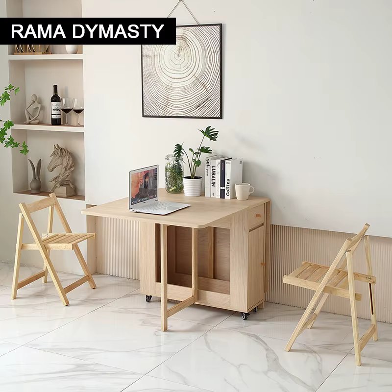 Extendable Drop Leaf Folding Dining Table with 2 Drawers and 4 Wheels for Living Room,Kitchen, Farmhouse, Space Saving Table