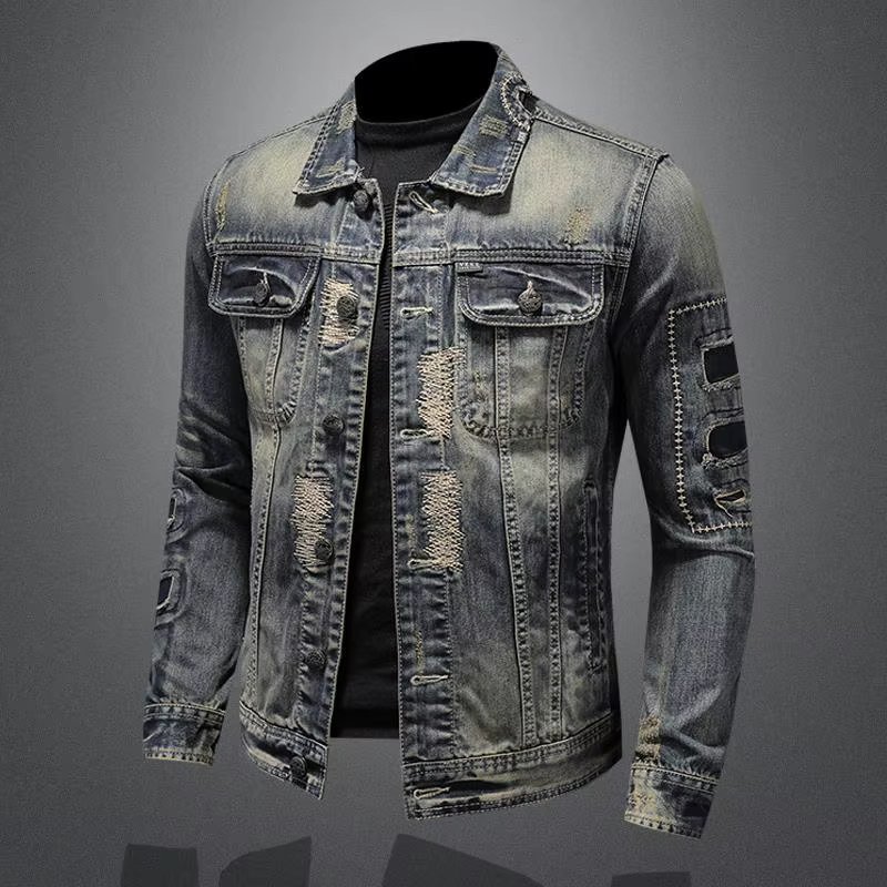 2023 new men's denim jacket retro trend loose casual handsome streetwear high street fashion hole Slim lapel denim jacket