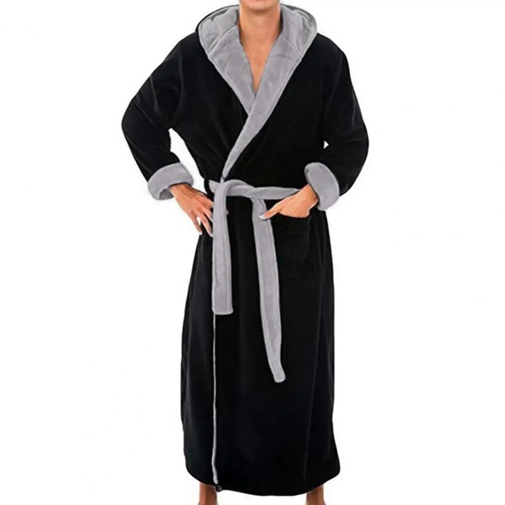 Men Hooded Bathrobe Flannel Robe Long Bath Robe Home Gown Sleepwear Soft Fluffy Hooded Bathrobe Quick Dry Lounging Bathrobe