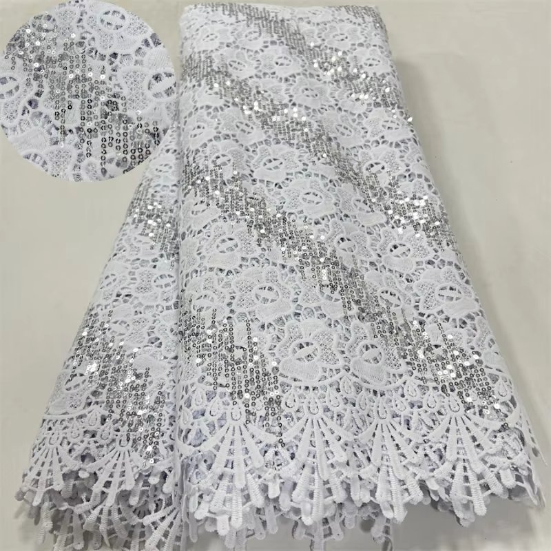 2025 Guipure Lace Fabric High Quality 5 Yards Knitted White Nigerian African Sequins Cord Lace Fabric Dress for Women A4070