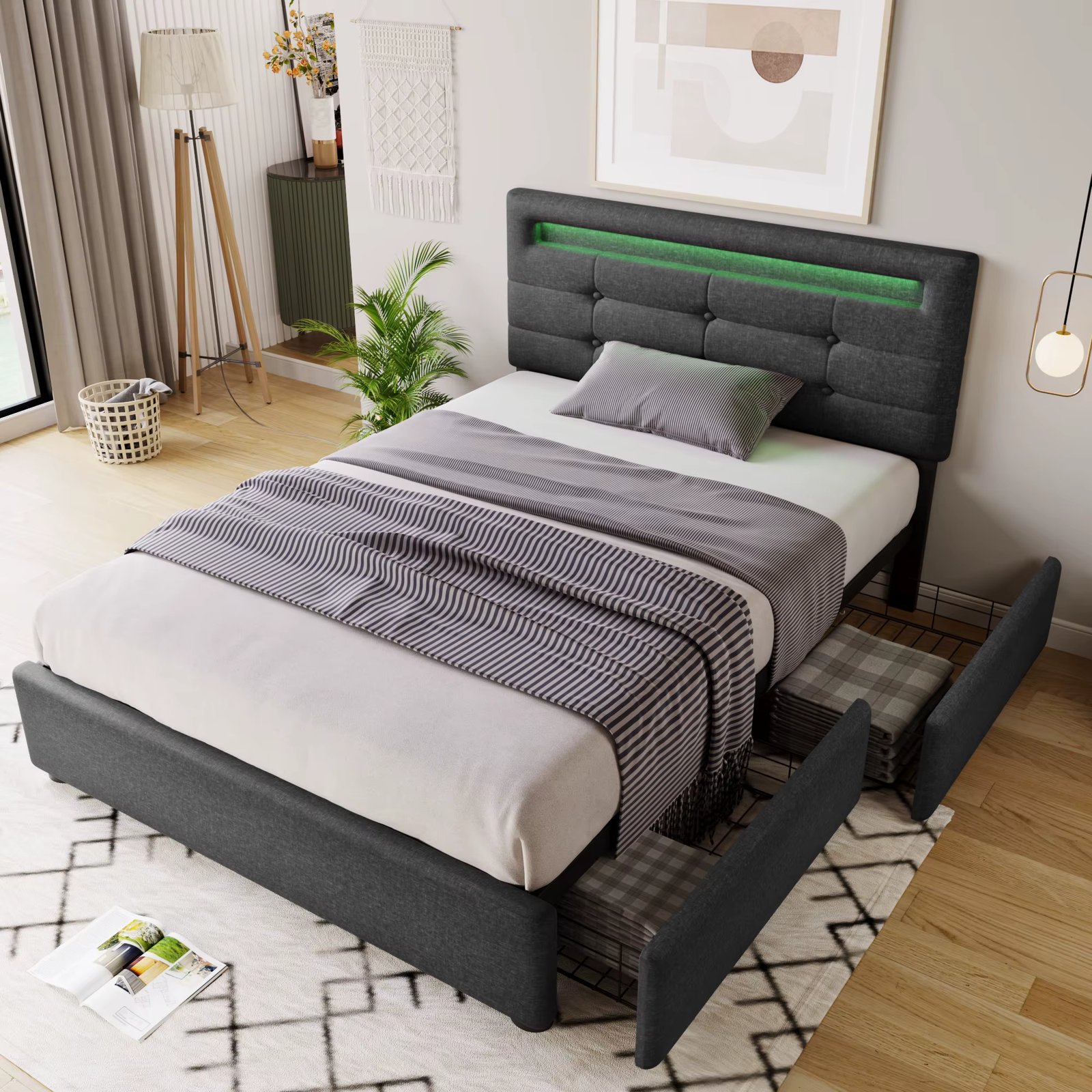 Bed frame with Storage space, Single bed 90x200cm, Height-adjustable headboard, Wooden slatted base,Rugged construction