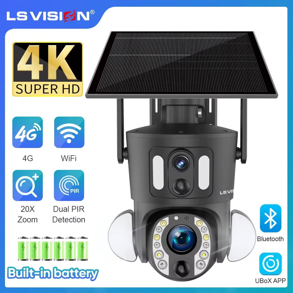 LS VISION 4K 8MP Dual Screen 4G Solar Camera 20X Optical Zoom WiFi PTZ Dual PIR Detection Human Auto Tracking Security Cameras