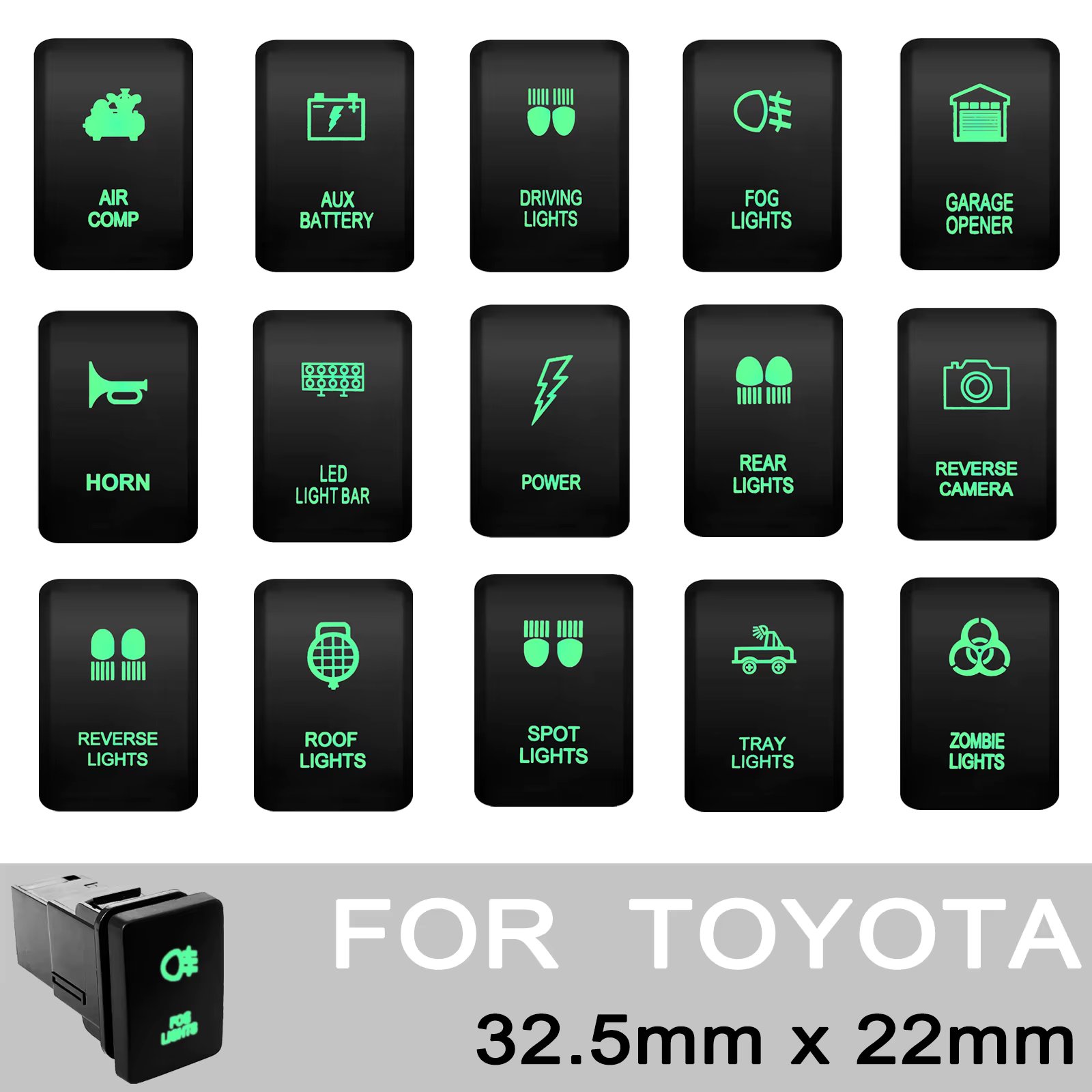 1 Pc 3A 12V Dual Green Led Illuminated Push Switch for Toyota Landcruiser RVA4 Hilux Tundra 4Runner