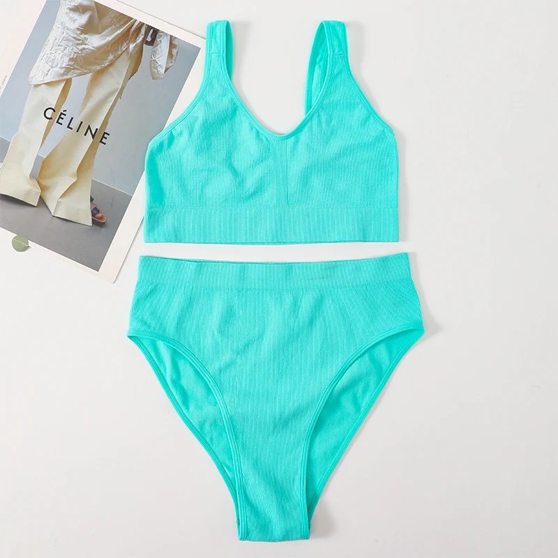 Women Seamless Bra Set Sexy Lingerie Wire Free Push Up Brassiere Bralette Unlined Female Crop Top High Rise Briefs Underwear Set
