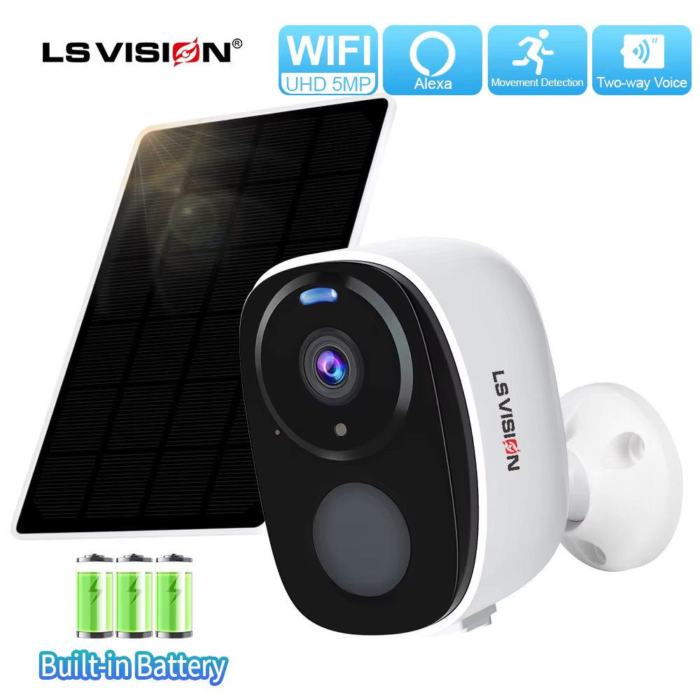 LS VISION 2K UHD Solar Security Camera 2.4G WiFi Outdoor PIR Detection 2-Way Audio Spotlight Rechargeable Battery Camera Indoor