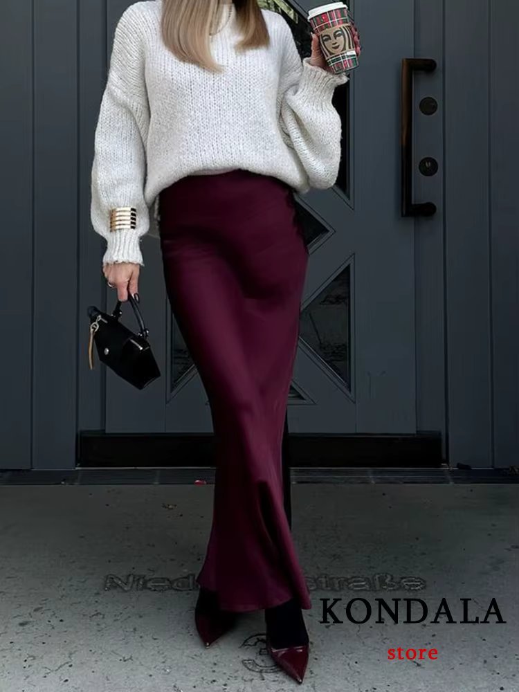 TRAFZA Vintage Satin Solid Long Skirts Women High Waist Elastic Silky Skirts Fashion 2025 Spring Elegant Straight Skirts