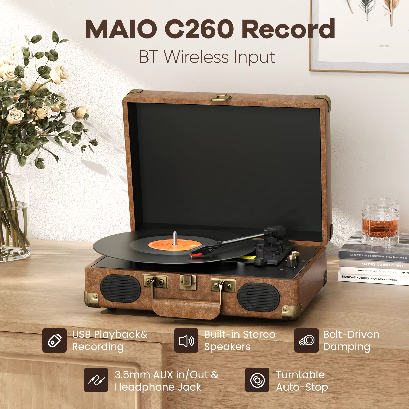 Vinyl Record Player C260, 3-Speed Bluetooth Vintage Turntable, Record Player with Speakers RCA Line Out AUX in Headphone Jack