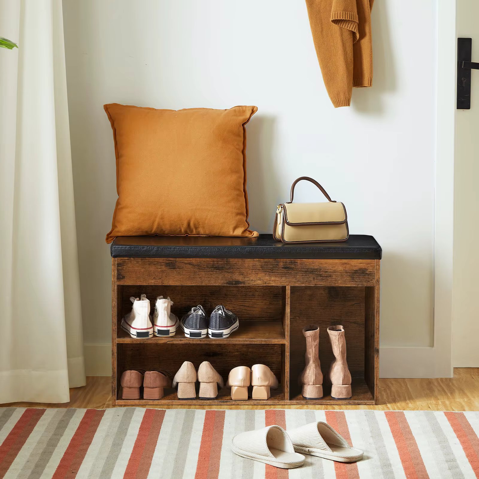 HOOBRO Shoe Bench With 3 Open Compartments Shoe Cabinet Padded Storage Space Under Seat Up To 150 kg Load Capacity Space-saving