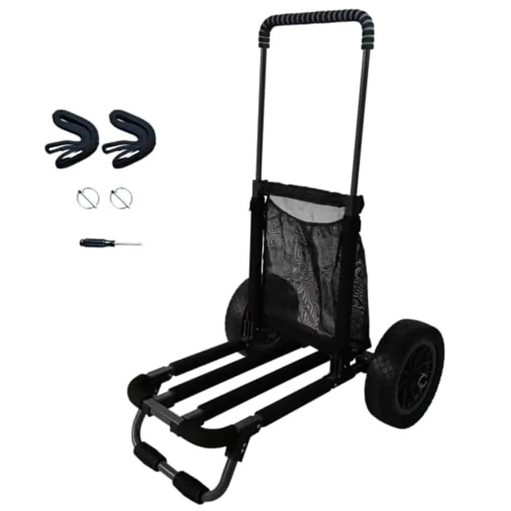 Aluminum Beach Cart with 12" Airless Wheels Telescopic Handle Zippered Cargo Bag Foldable & Rust-Proof Fishing Trolley Camping