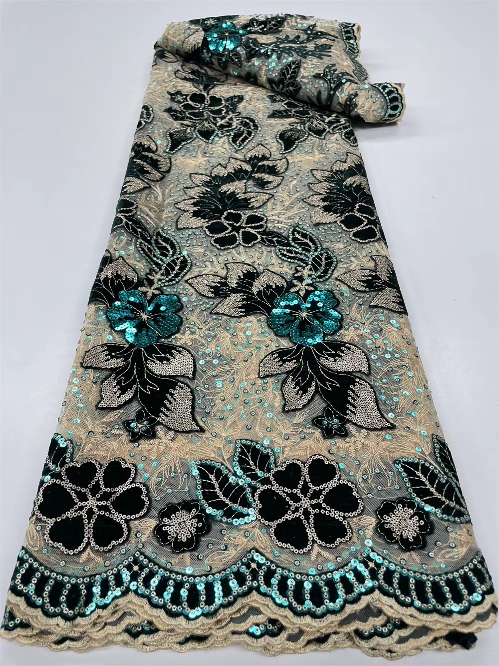 High Quality African Nigerian Lace FabricFor Sewing Velvet Sequins Embroidered Cord Guipure Wedding Party Dress 5Yards QF129