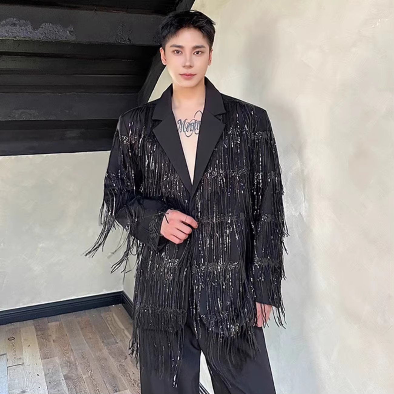 Chic Men's Blazer Jackets Glitter Tassel Fashion Oversized Suit Coat Stage Dance Singer Magician Party Personal Clothing