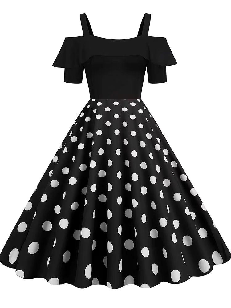 Off the Shoulder Elegant Vintage Party Dress Women Summer Polka Dot Ruffles A Line Midi Dresses