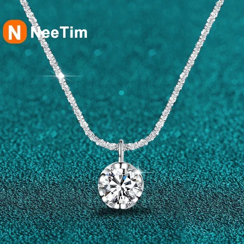 NeeTim 2ct Moissanite Necklace Pendant S925 Sterling Silver  Party Wedding Lab Dimond Gem Necklaces For Women with Certificate