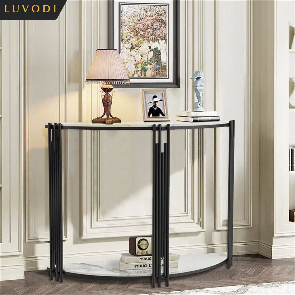 LUVODI Half Moon Console Table with Storage Sintered Stone Tabletop Semi-Circle Entrance Hall Table