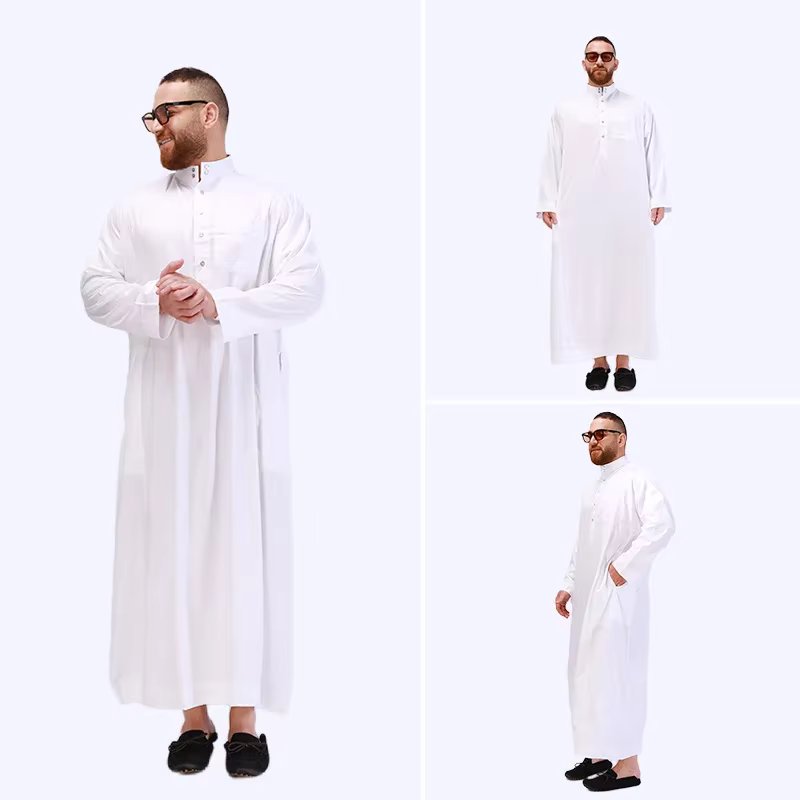Ramadan Eid Muslim Men Robe Long Sleeve Baggy Leisure Jubba Thobe Middle East Abayas Dubai Turkish Islamic Clothing Pure White