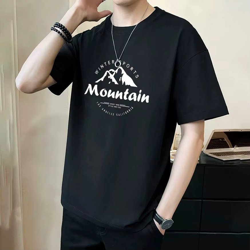 Trend-in-print-in-print-type MONNTAIN Pure-cotton men's-half-sleeved box-over-fit T-shirt big-size TS2011