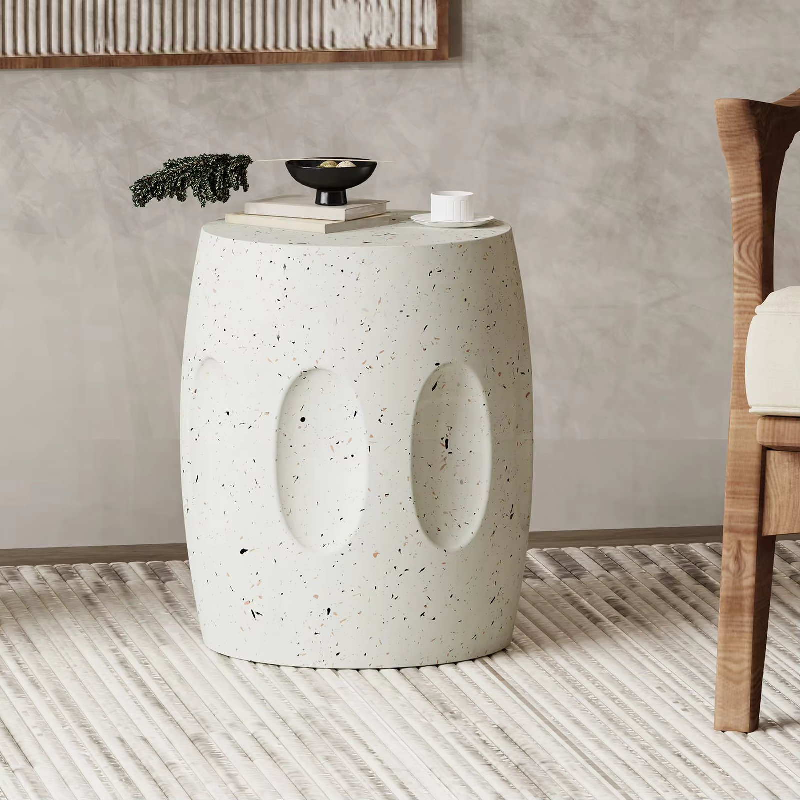 Unique Lightweight Concrete Side Table Decorative Garden Stool Faux Terrazzo Accent Table Small Coffee End Table