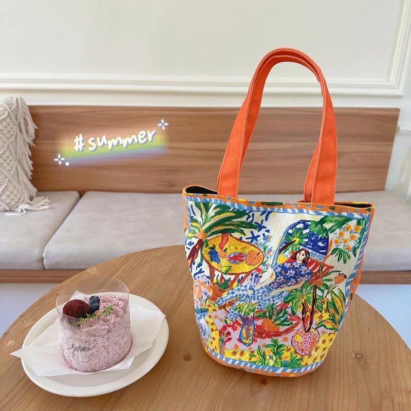 Youda New Fashion Canvas Fabric Handbag for Women Special Colorful Artist Design Pattern Top-handle Bag Casual Lunch Tote Bags